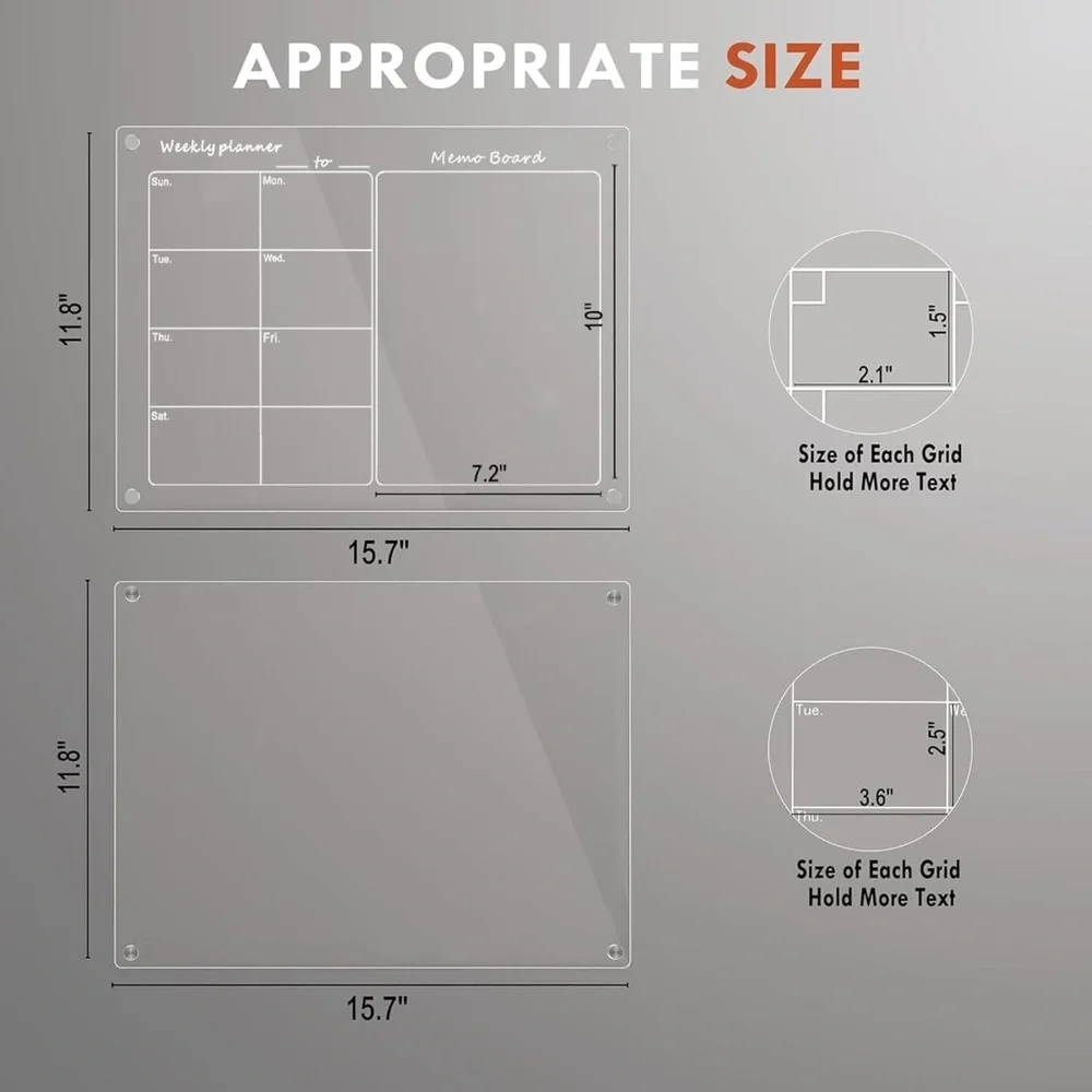 Acrylic Magnetic Calendar for Fridge, 2 Set 16''x12'' Clear Weekly & Memo Board